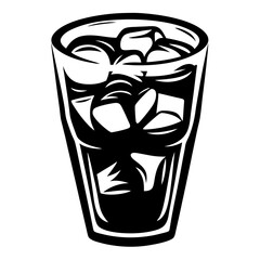 Monochrome Vector Illustration of Refreshing Drink with Ice Cubes in Tall Glass