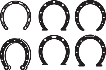 A lucky metal horseshoe set an old western symbol of good fortune is isolated as a vector illustration on a black background