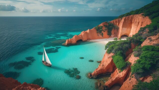 Aerial shot showcasing a beautiful lagoon surrounded by a small island