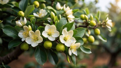 Fototapeta premium In the organic orchard, White Lime flowers bloom with yellow stamens, and the ovary bears small light green fruits.
