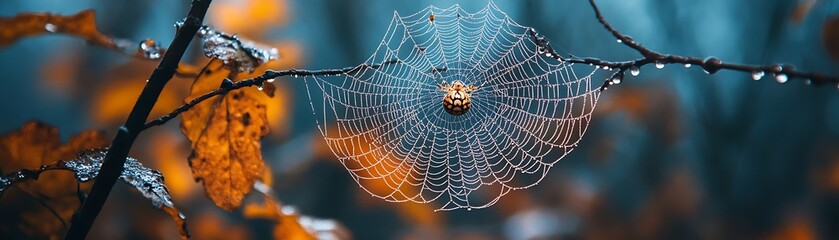 Delicate spider web with dew drops on a branch in autumn
