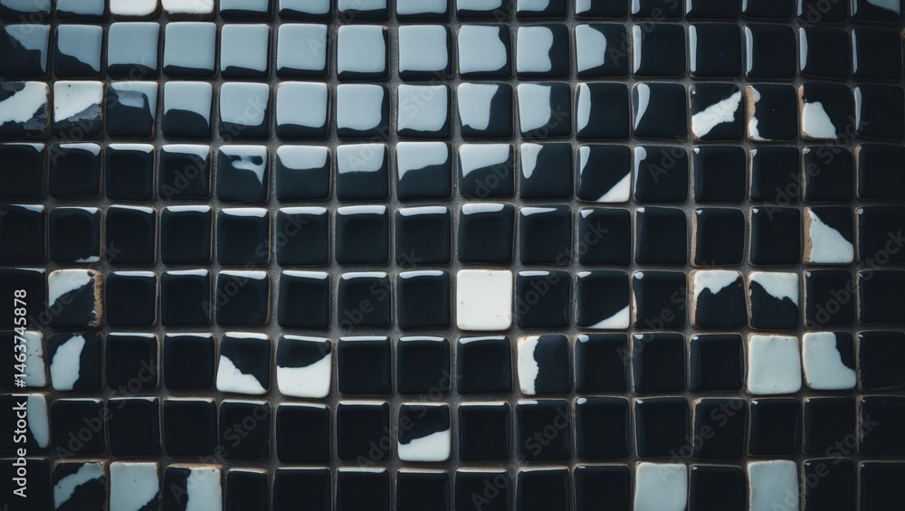 Poster handcrafted pattern on old wall ceramic tiles, close-up shot with selective focus and shallow depth 
