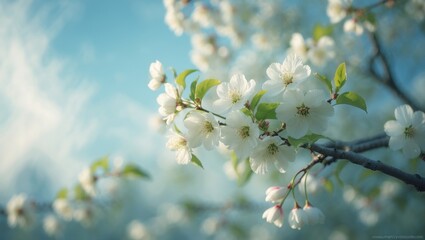 Detailed view of flowering cherry blossoms against natural backdrop with copy space for text