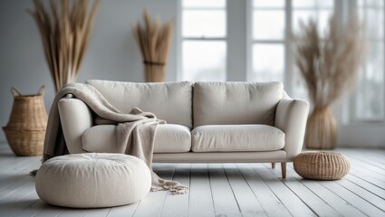 Airy living room scene with a blurred backdrop, featuring whitewashed wooden floors, a cozy sofa, natural decor, and expansive windows for natural light