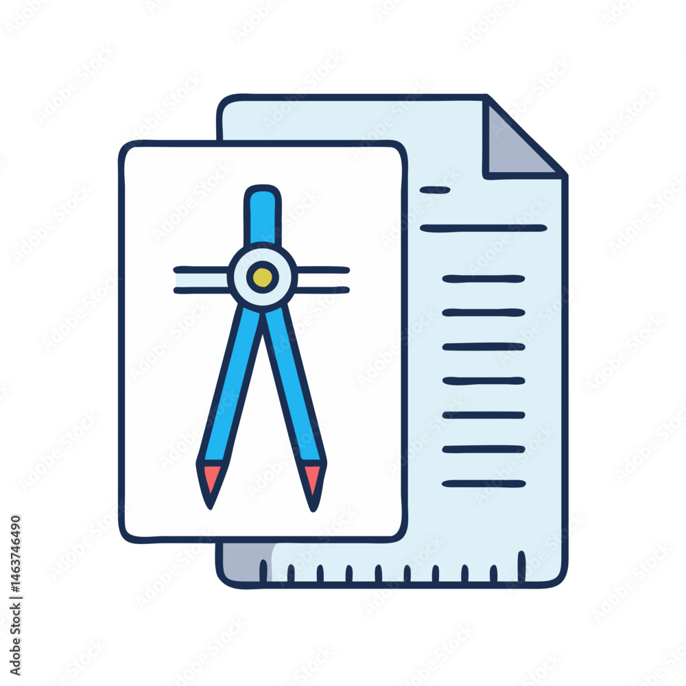 Fototapete compass and ruler on document icon representing design planning and technical drafting
