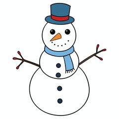 Smiling snowman with a hat and scarf on a blue background holding a broom, perfect for a winter holiday Christmas celebration