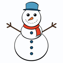 Smiling snowman with a hat and scarf on a blue background holding a broom, perfect for a winter holiday Christmas celebration