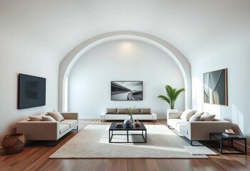 Sleek minimalist living room with arched ceiling, featuring low-profile sofa and coffee table, interior, sophisticated