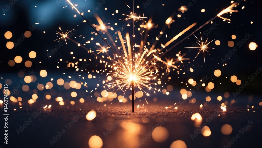 Poster darkness illuminated by a fiery sparkler, casting a warm and sparkling glow.