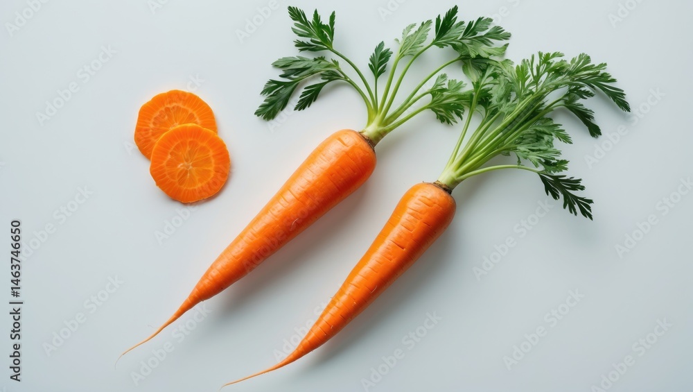 Poster flying carrot and sliced sections on white background, isolated with clipping path
