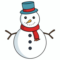 Smiling snowman with a hat and scarf on a blue background holding a broom, perfect for a winter holiday Christmas celebration