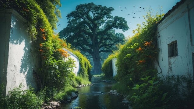 A tranquil scene of ancient architecture, buildings, and vibrant nature, where bird melodies unite with the soft wind