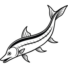 Black and White Sturgeon Fish Line Art – Vintage Aquatic Illustration