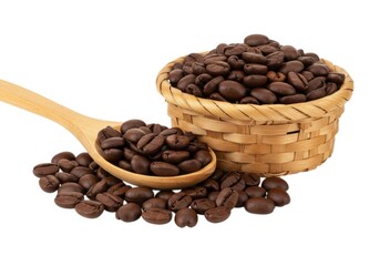 Obraz premium Premium roasted arabica coffee beans in basket and wooden spoon shot