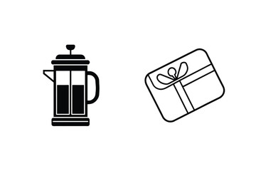 Minimalist black and white illustration featuring a french press coffee maker and gift