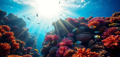 Fototapeta premium Sunbeams illuminate vibrant coral reef, teeming with tropical fish, ocean, coral reef