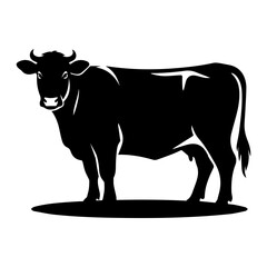 Farm cow silhouette in black on a grassy patch, vector illustration