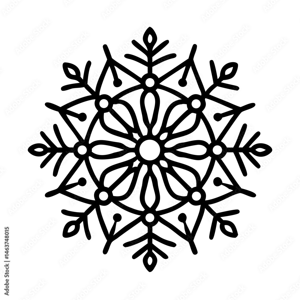 Poster geometric snowflake-like mandala icon with central line representing symmetry and decorative balance