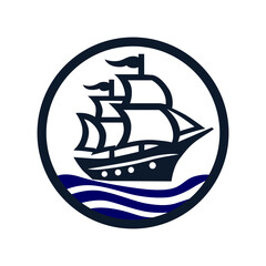 Nautical Emblem of a Sailing Ship on the Sea