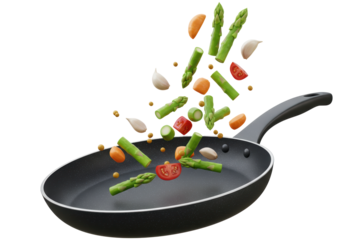Isolated Fresh Vegetables Elegantly Falling into a Non-Stick Frying Pan
