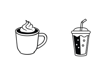 Black and white vector illustration of coffee with whipped cream and a drink with straw.