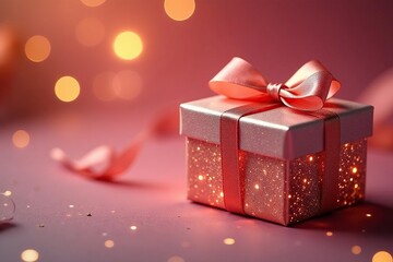 Fototapeta premium Sparkling gift boxes, delicate ribbons, soft warm lighting, luxurious feel , gift box, anniversary