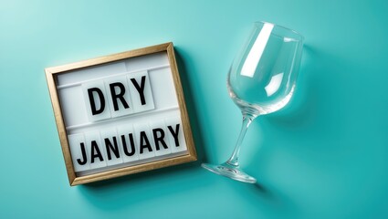 Isolated background showcasing a decorative lightbox that says Dry January alongside an empty wine glass from above
