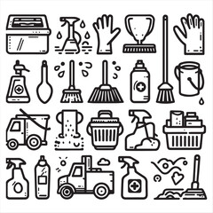 Editable set of vector clip art elements of cleaning supplies and equipment