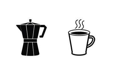 Vector illustration depicting coffee preparation including moka pot and steaming cup of coffee