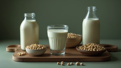 Organic soy milk served in a bottle and glass on wooden tray, perfect for breakfast and natural nutrition