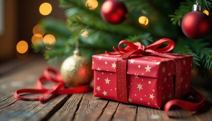 Vibrant gift box, twine tied, nestled under decorated Christmas tree , floor, present