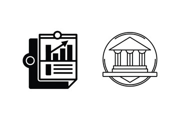 Financial analysis and banking concepts represented with simple black and white vector graphics