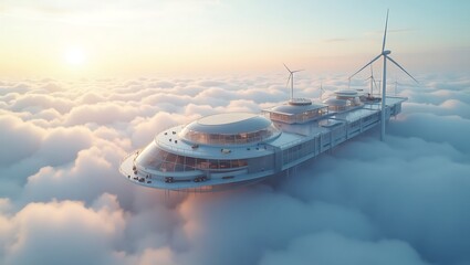 A floating utopian city above clouds, powered by solar-energy domes and wind turbines