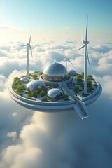 A floating utopian city above clouds, powered by solar-energy domes and wind turbines