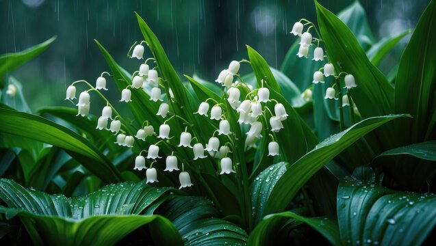 Blooming lily of the valley on a wet rainy day
