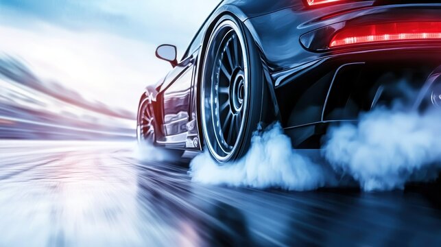 Speeding black sports car tire smoke motion blur dynamic automotive image