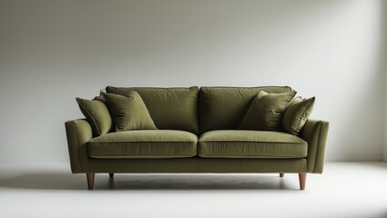 Classic sofa with khaki fabric and wooden legs, isolated on background with clipping path