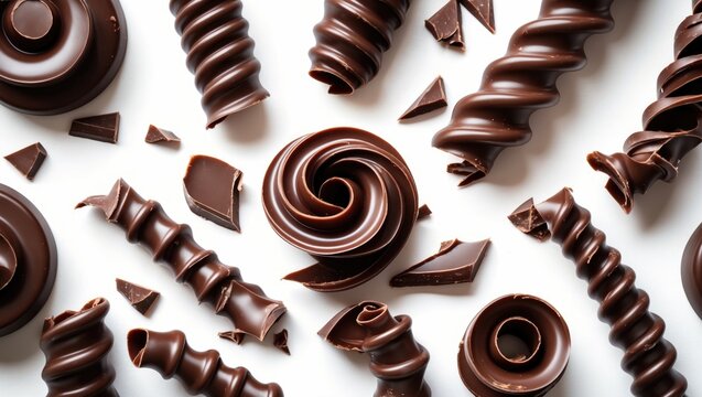Broken chocolate chunks, morsels, and curls isolated on background with clipping path