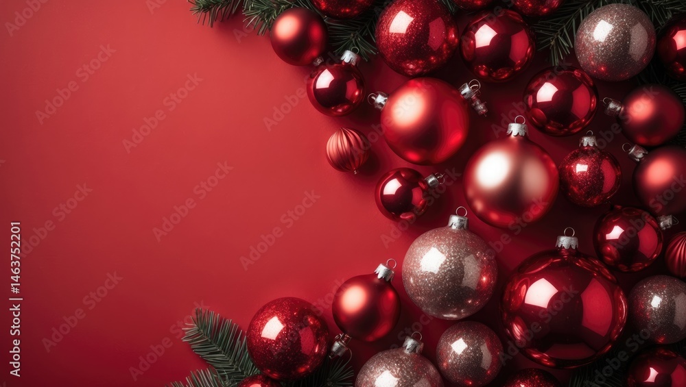 Poster minimal flat lay of red baubles decoration on red background with copy space