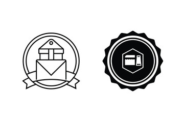 Two black and white badge icons representing correspondence and business services.
