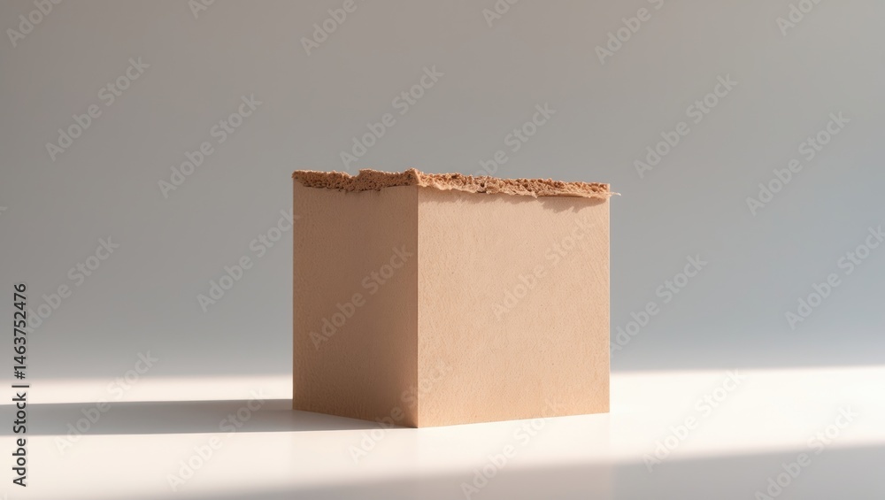 Aufkleber single small cardboard fragment with torn border and adhesive element on white textured backdrop