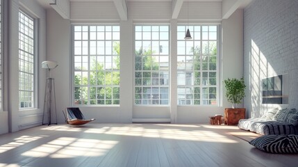 Fototapeta premium Bright, modern loft interior with large windows