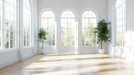 Obraz premium Bright, spacious room with large windows overlooking a garden. Sunlight streams in, illuminating the pale wood floor and white walls