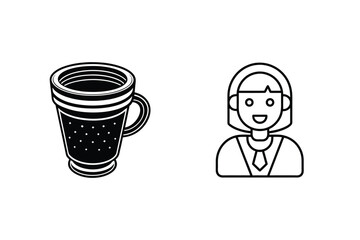 Black and white graphic of a cup and a smiling businesswoman icon