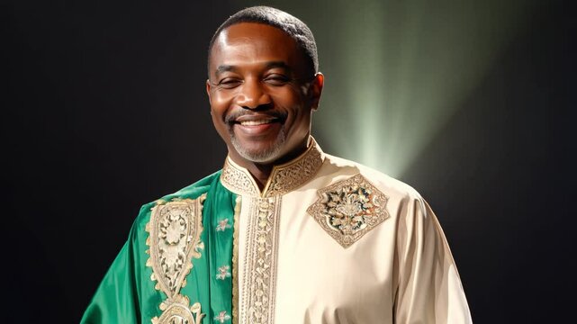 The camera slowly zooms in as an elderly nigerian man in agbada walks confidently, facing the camera, across a stage with precise lighting control