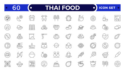 Thai food outline icon set. Included the icons as dumplings, skewer, sausage, grilled chicken wings, asian style, fruit bowl, pad thai and more.