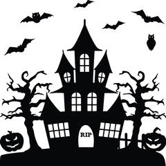 Spooky Haunted House with Bats, Bare Trees, Pumpkins, and RIP Sign Silhouette for Halloween
