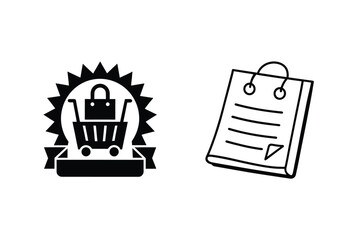 Simple black and white shopping illustration featuring a shopping cart and notepad icons
