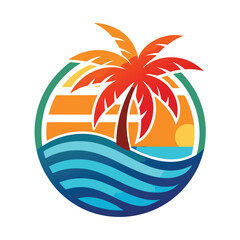 Obraz premium Tropical Beach Sunset Palm Tree Ocean Wave Circle Logo Design
