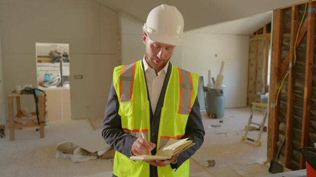 A skilled project manager, wearing safety gear, reviews construction plans onsite to ensure work progresses smoothly and complies with safety regulations, minimizing risks during the building phase
